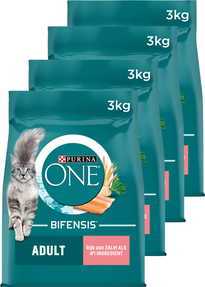 4x Purina ONE Kattenvoer Droog Adult Zalm - Volkoren Granen 3 kg