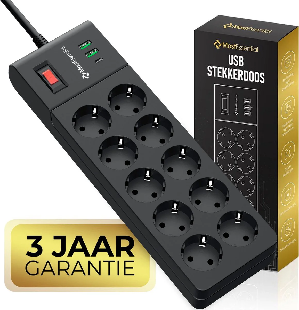 MostEssential Premium 13-Voudige Stekkerdoos - USB-C 20W Snellader - Stekkerdoos met USB - USB-C & USB-A - Verlengsnoer - Stekkerdoos met Schakelaar - Overspanningsbeveiliging - Antislip - Zwart