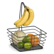 Zeller Fruitmand - vierkant - banaan hanger - zwart - 26 cm - draad metaal - fruitschaal - keuken