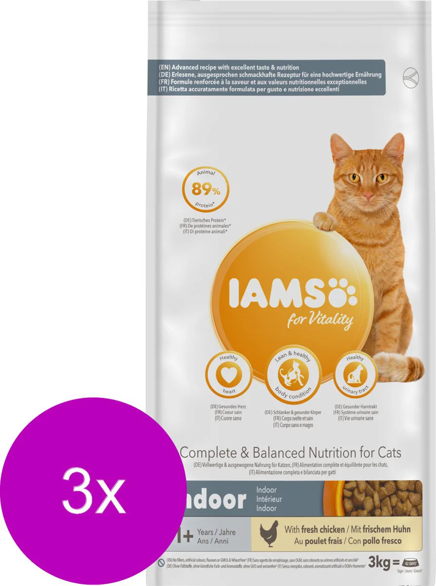 3x IAMS Kat Adult Indoor Kip 3 kg