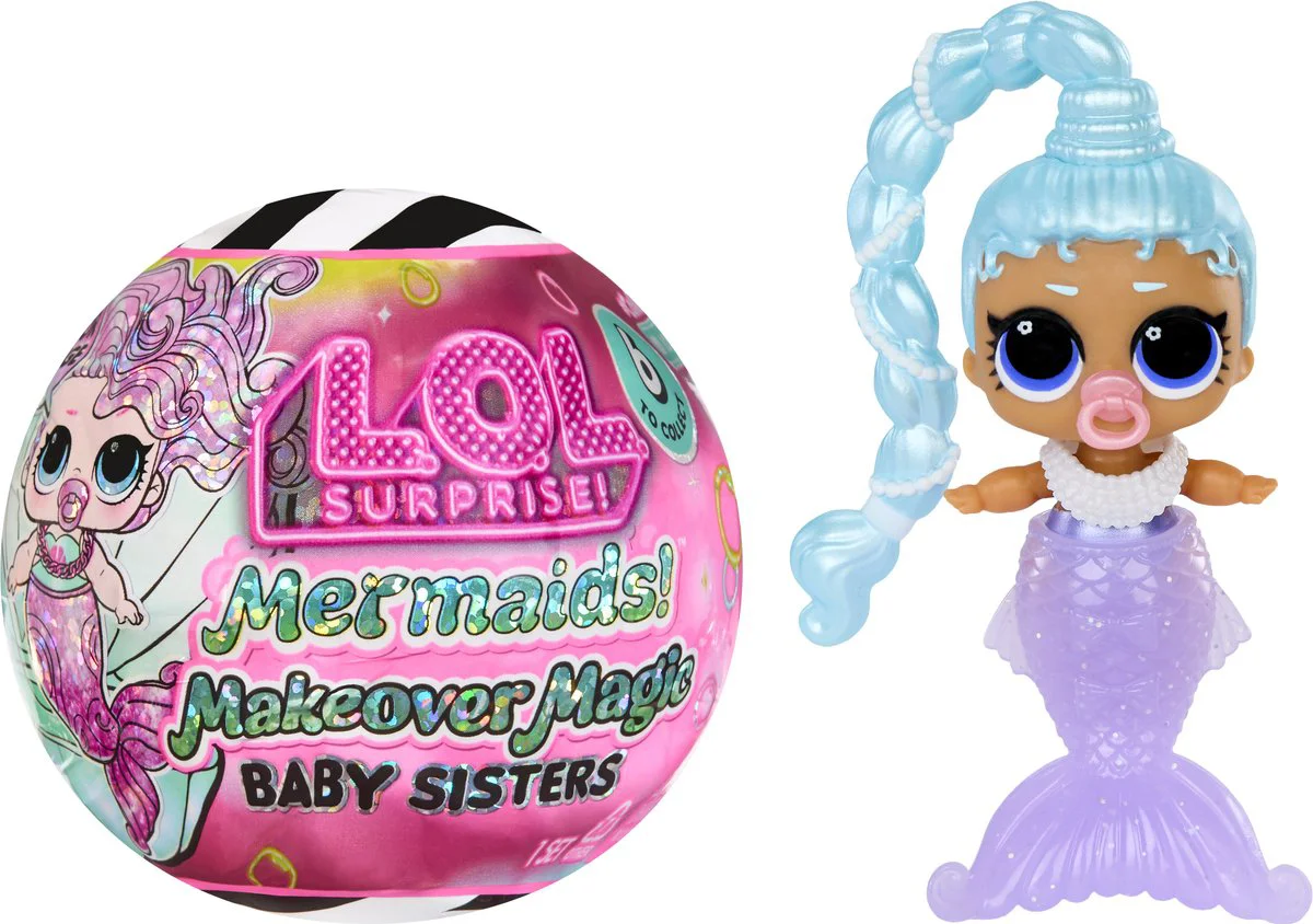 L.O.L. Surprise Mermaids! Makeover Magic Baby Sisters met zeemeerminstaarten die van kleur veranderen en een displaybol met schelpenthema, verzamelpoppen, voor kids van 4+