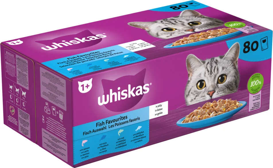 Whiskas Adult 1+ Kattenvoer Nat Maaltijdzakjes Multipack Vis Selectie in Gelei 80x85 gr