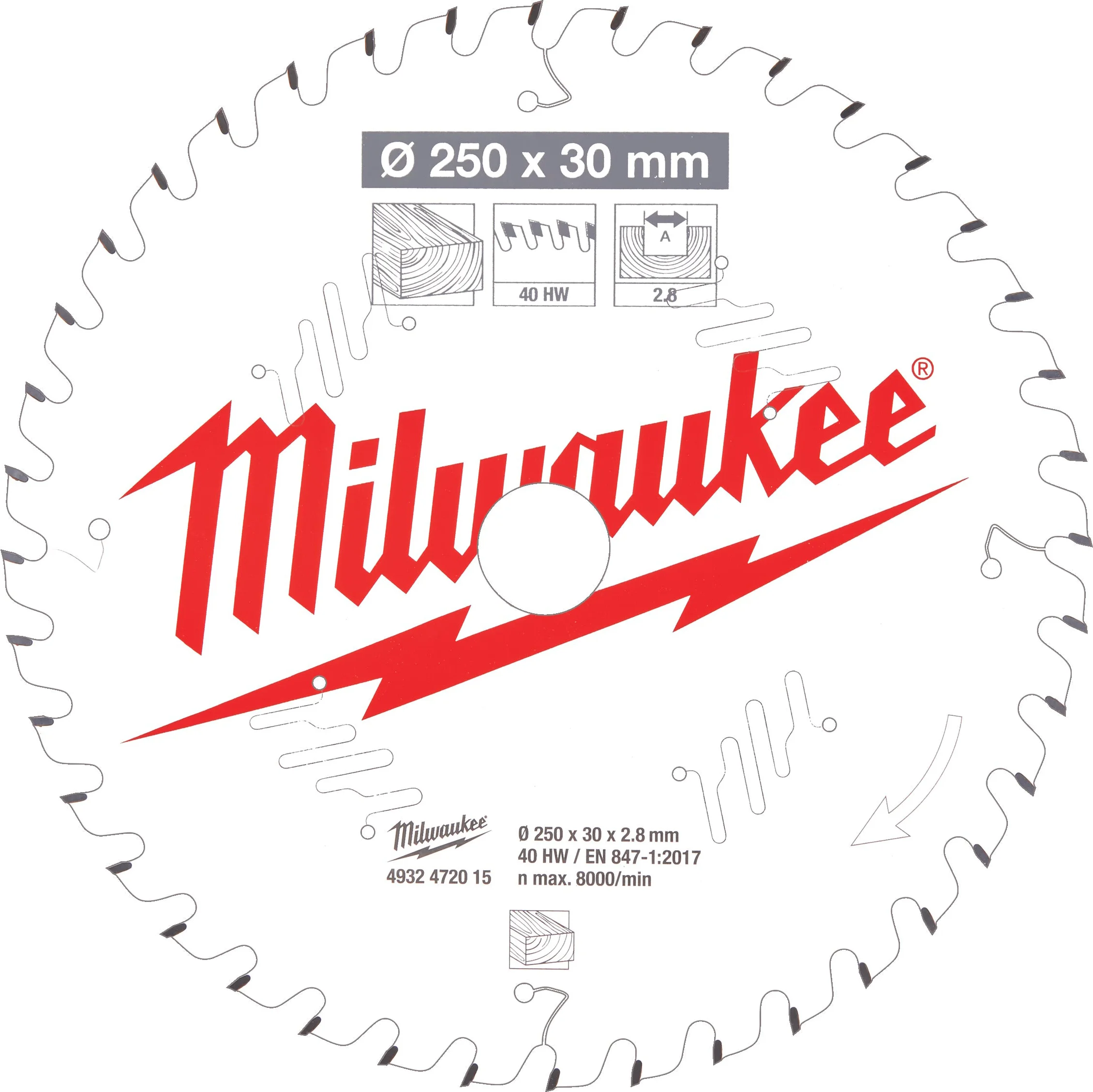 Milwaukee Cirkelzaagblad voor Hout | Ø 250mm Asgat 30mm 40T - 4932472015
