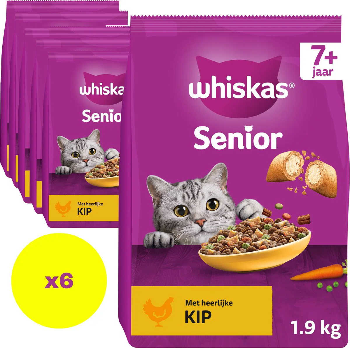 6x Whiskas 7+ Adult Katten Droogvoer Kip 1,9 kg