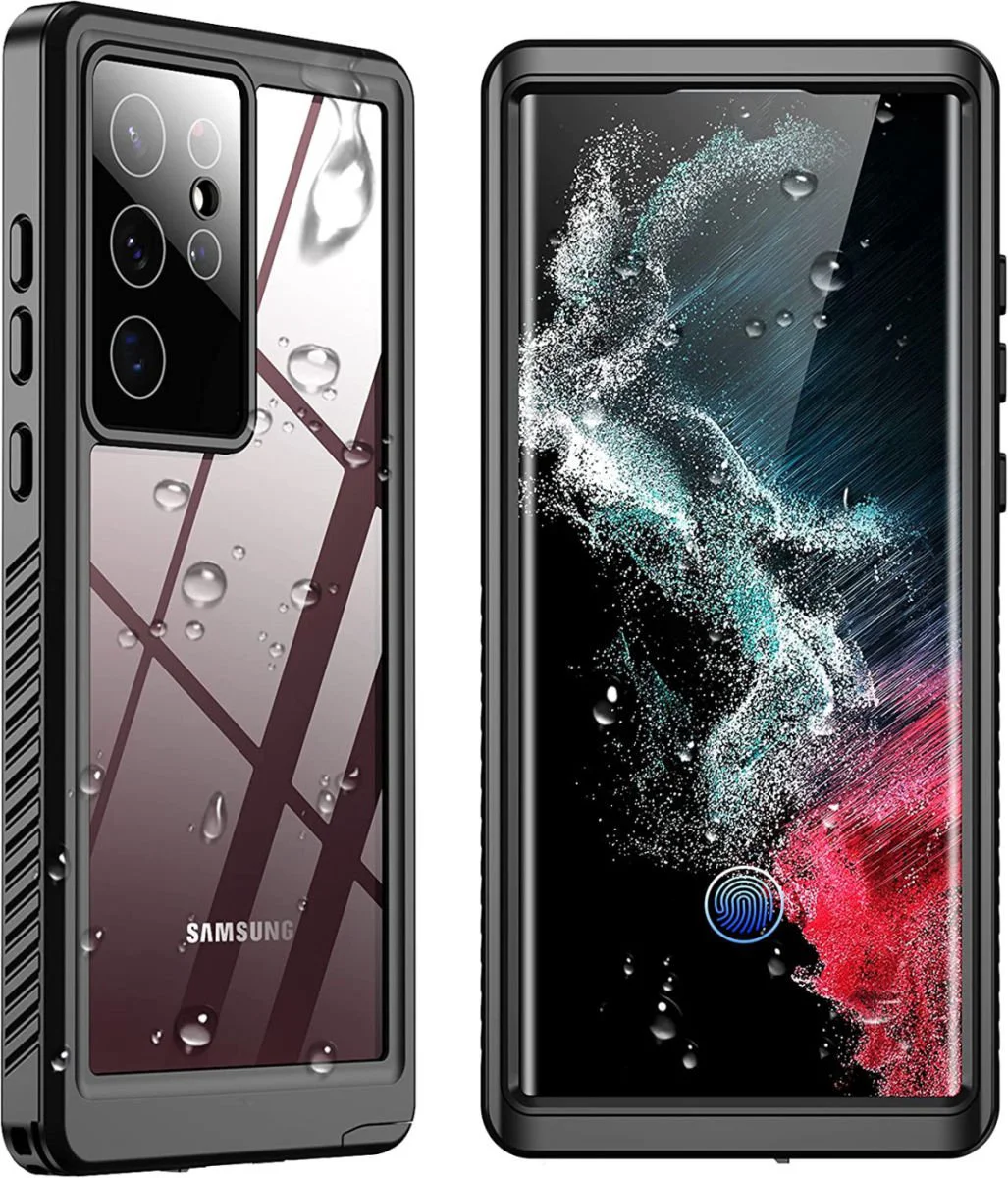 SBG Outdoor Case Waterdicht Transparant Hoesje geschikt voor Samsung Galaxy S22 Ultra | Shockproof | Onderwater tot twee meter | Antislip greep | IP68-gecertificeerd | Doorzichtig / Zwart