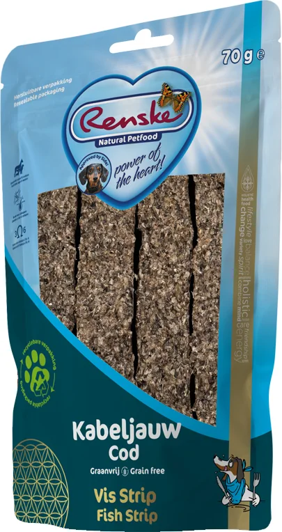 10x Renske Gezonde Beloning Vleesstrips Hondensnack Kabeljauw 70 gr