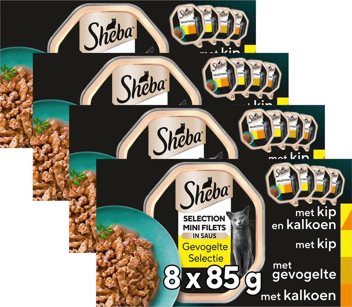 4x Sheba Mini Filets Adult Kattenvoer Natvoer Gevogelte in Saus Kuipjes 680 gr