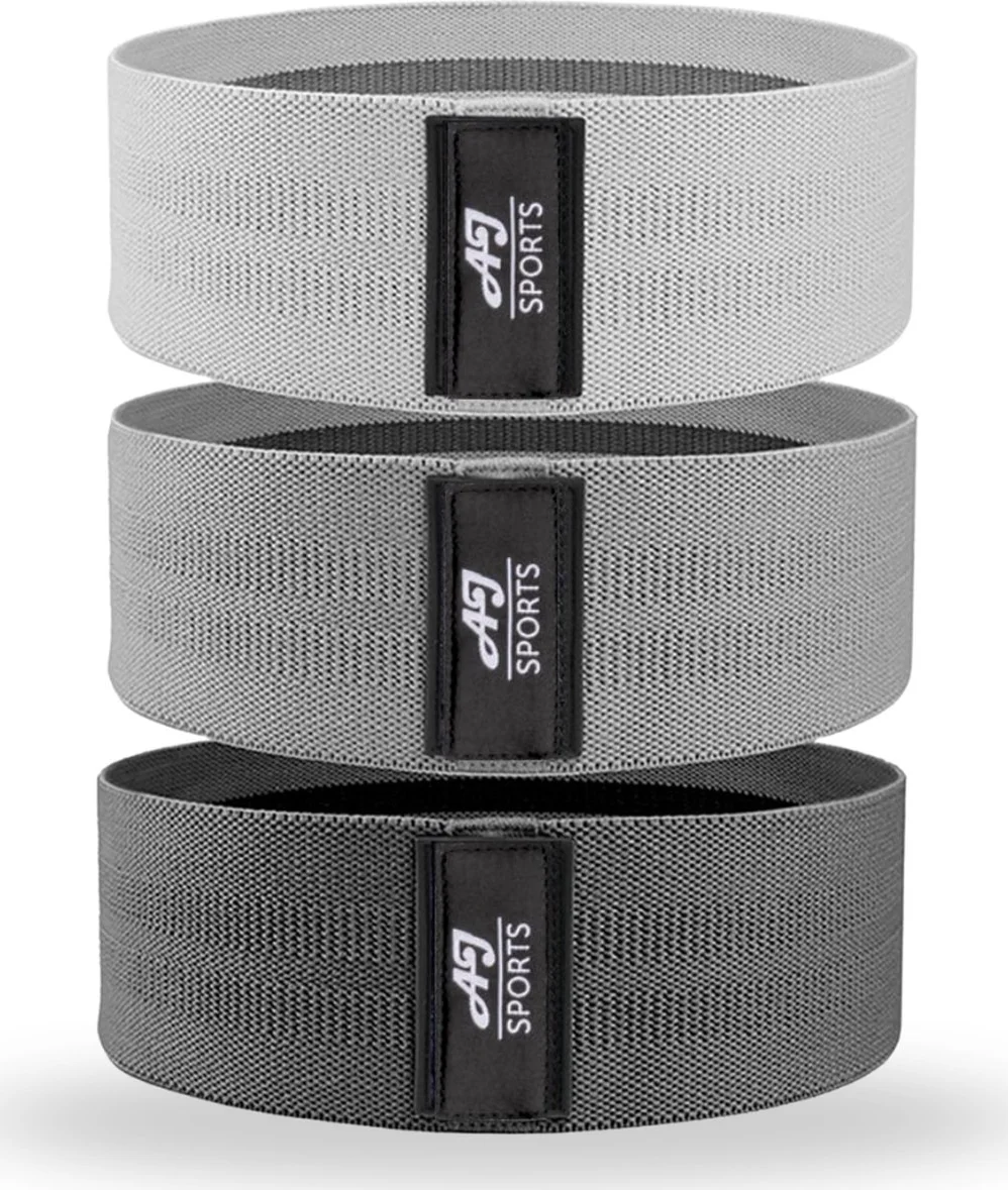 AJ-Sports Weerstandsbanden - Booty Band - Resistance band - Fitness elastiek - Zwart/Grijs/Lichtgrijs - set van 3 - Resistance band - Fitness band - Fitness - Inclusief handleiding & draagtas