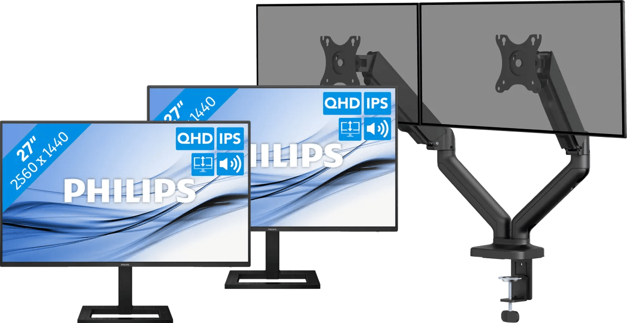 Philips 27E1N1600AE/00 Duo Pack + BlueBuilt Monitorarm Mechanische Veer voor 2 Monitoren