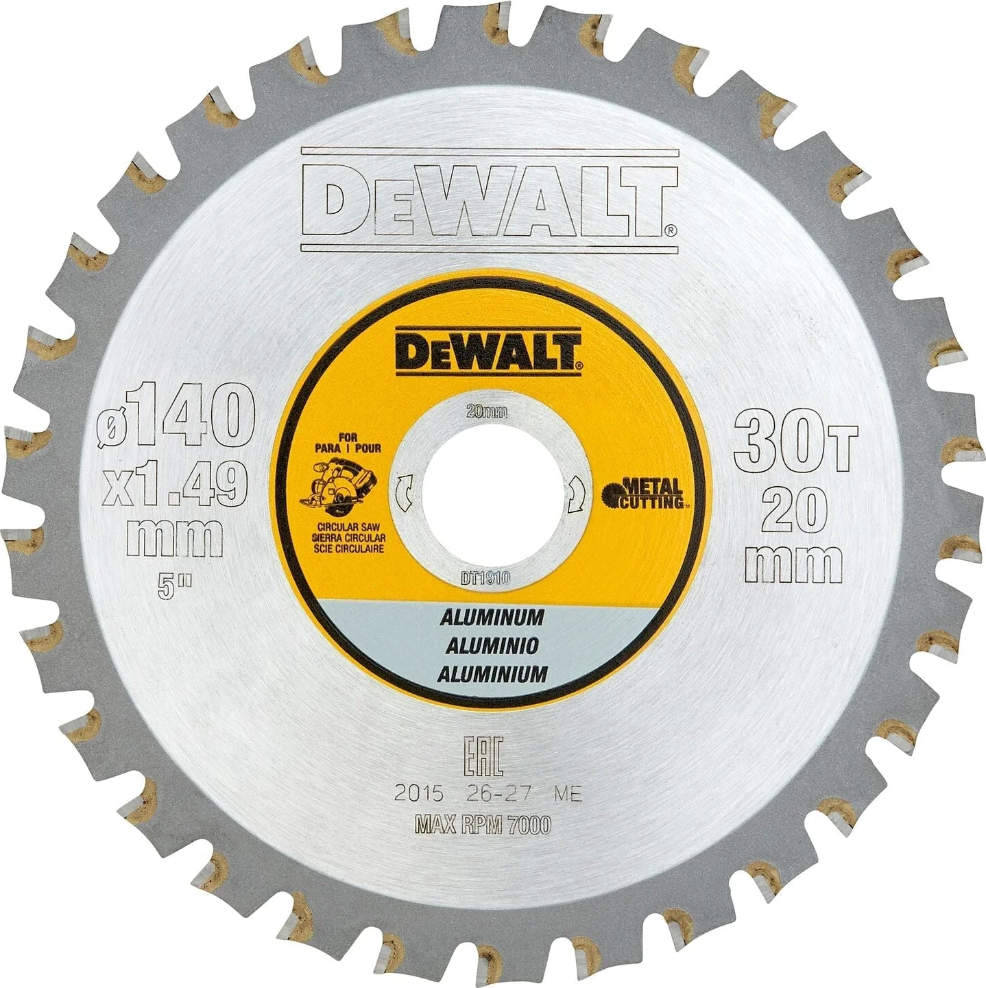 DeWALT Cirkelzaagblad voor Aluminium | Ø 140mm Asgat 20mm 30T - DT1910-QZ