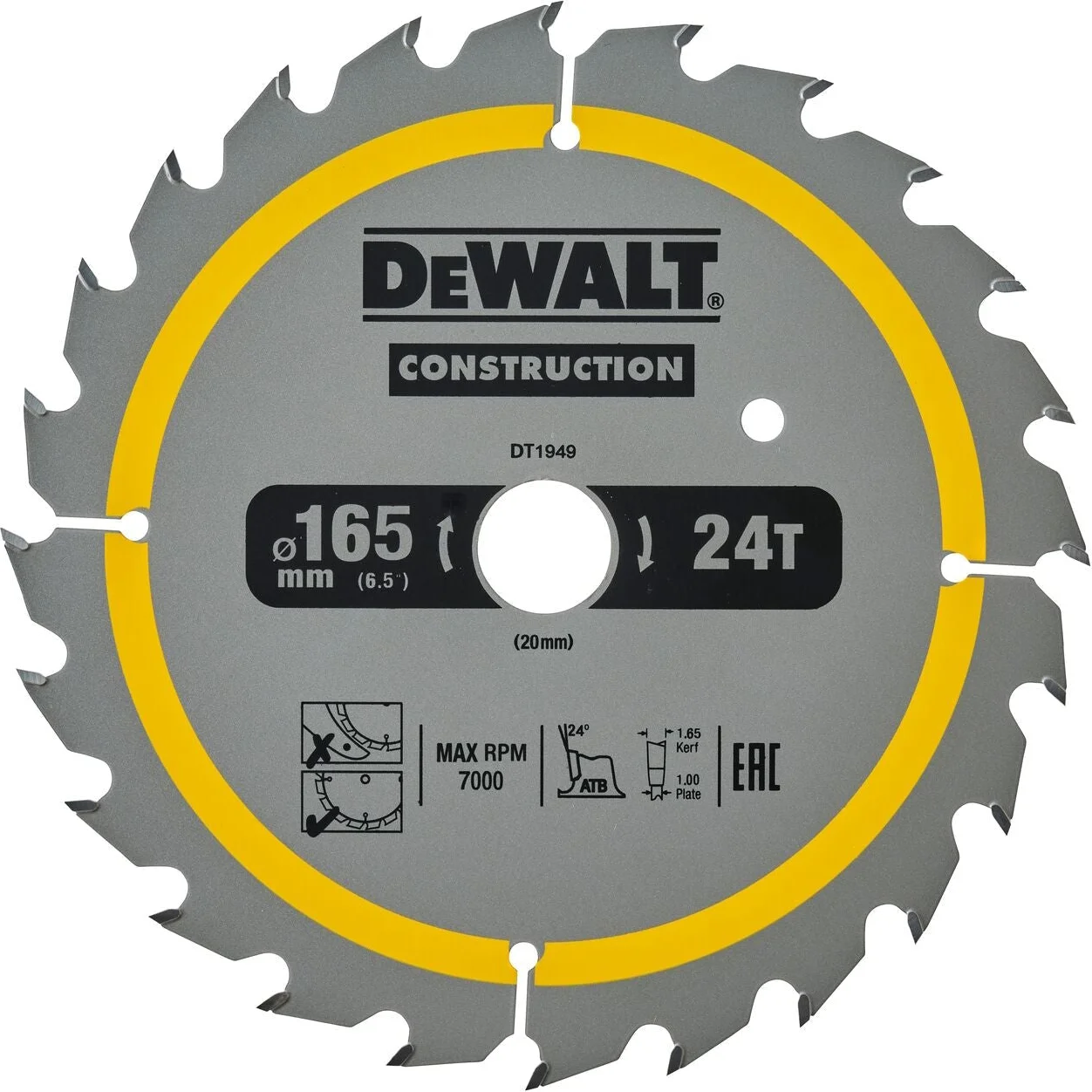 DeWALT Cirkelzaagblad voor Hout | Construction | Ø 165mm Asgat 20mm 24T - DT1949-QZ