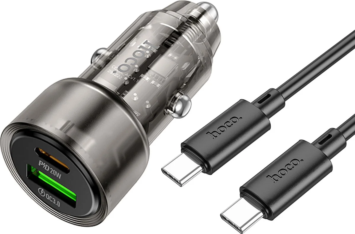 Hoco 38W Autolader + Kabel - USB-C Snellader met USB-C & USB-A Poorten - Inclusief 1M Type-C Kabel - PD20W & QC3.0 - Zwart