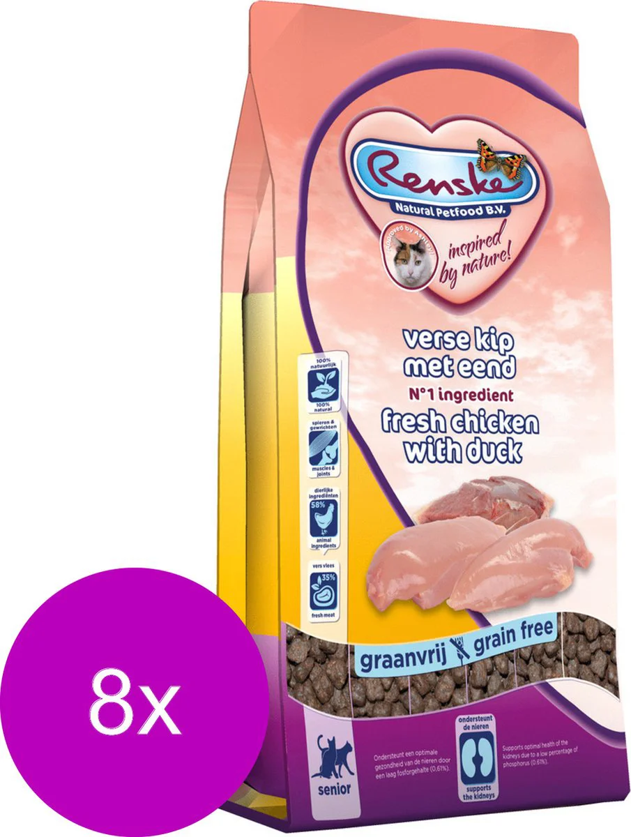 8x Renske Super Premium Senior Kattenvoer Kip & Eend 400 gr