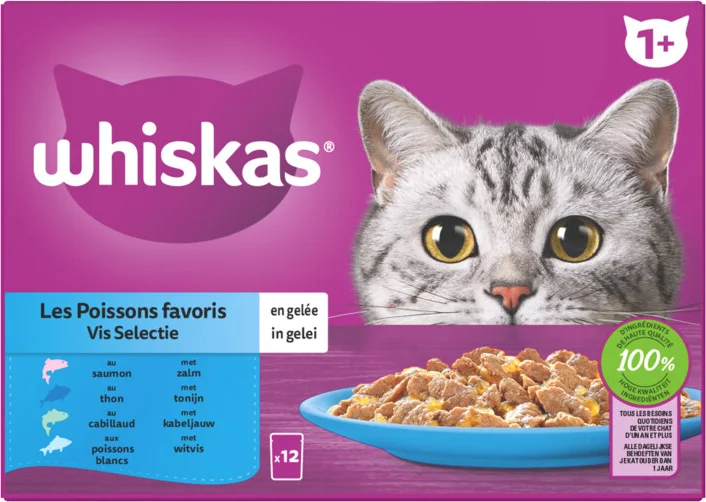 Whiskas 1+ Vis Selectie in Gelei Maaltijdzakjes Multipack 12 x 85 gr