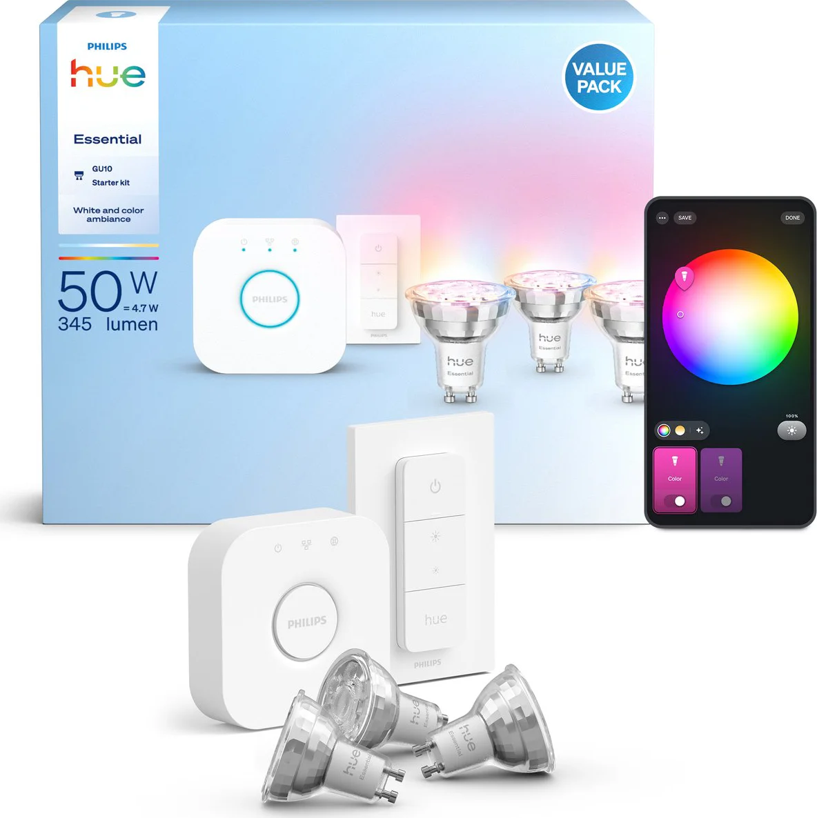 Philips Hue Essential White and Color Starter Pack GU10 3-pack + Bridge + Dimmer
