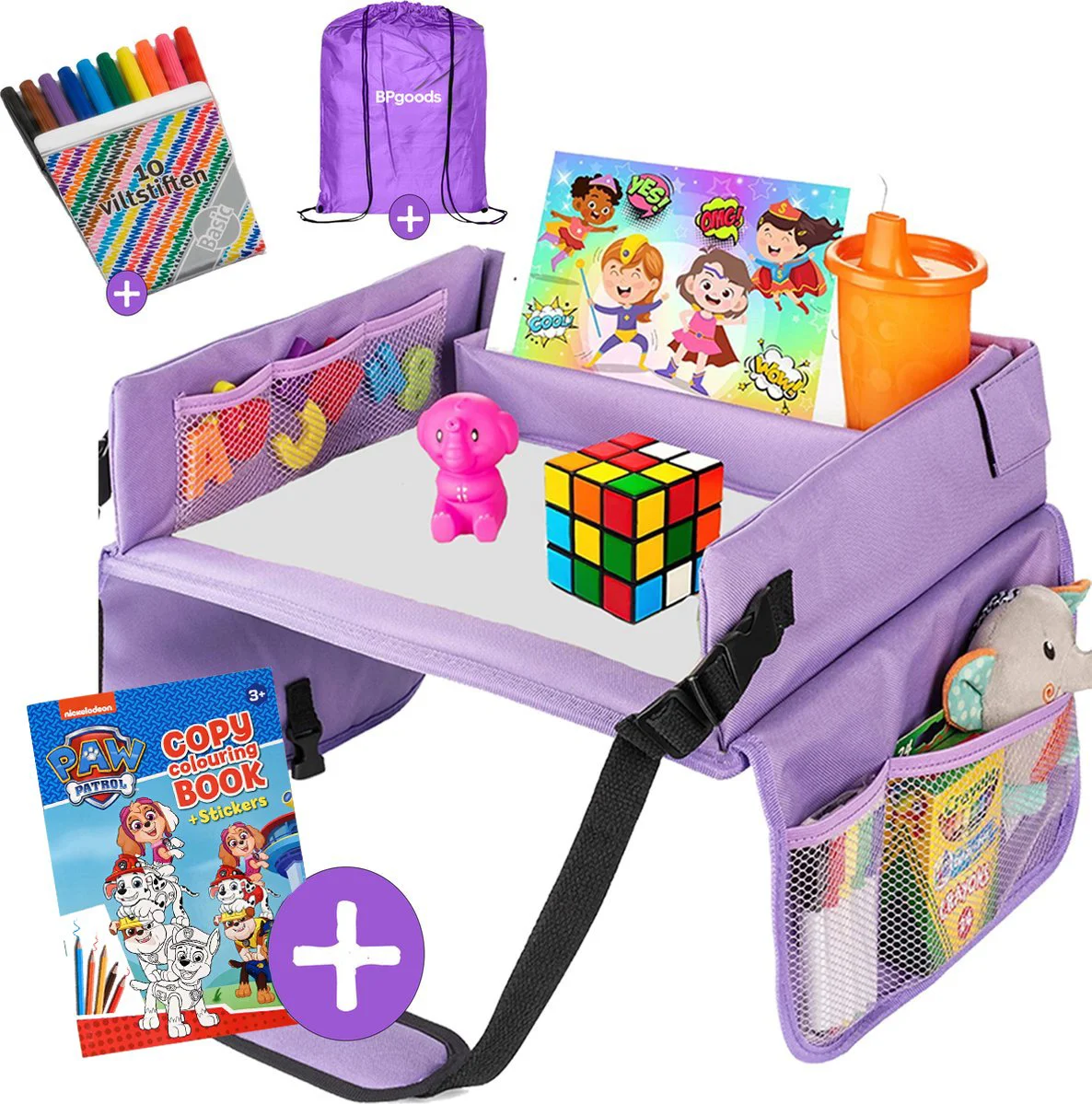 BPgoods® Reistafel voor Kinderen - Autotafel met Tablethouder - Opvouwbare Speeltafel - Incl. Kleurboek en 10 Stiften - Paars