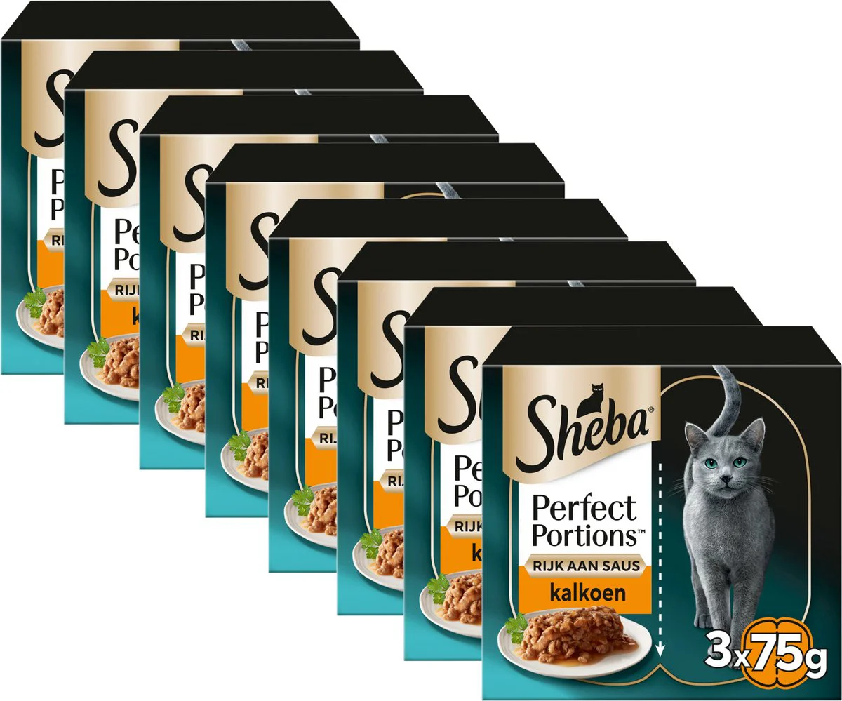 8x Sheba Perfect Portions Adult Kattenvoer Natvoer Luxe Kalkoen in Saus 3 x 2 stuks