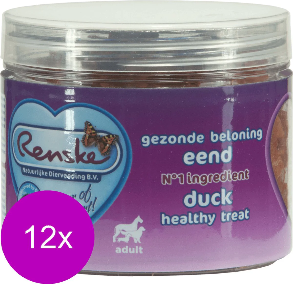 12x Renske Gezonde Beloning Hartjes Hondensnack Eend 100 gr
