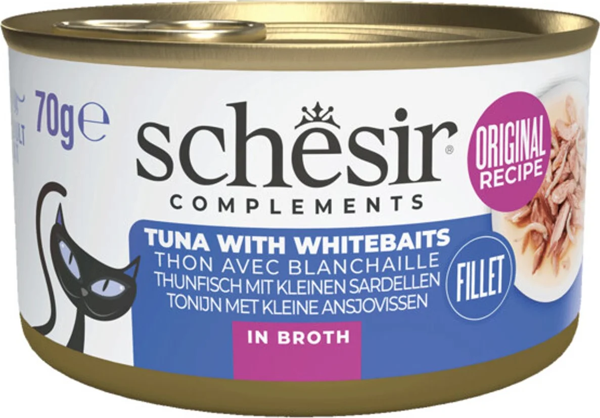 12x Schesir Kattenvoer Tonijn en Witvis in Boullion 70 gr