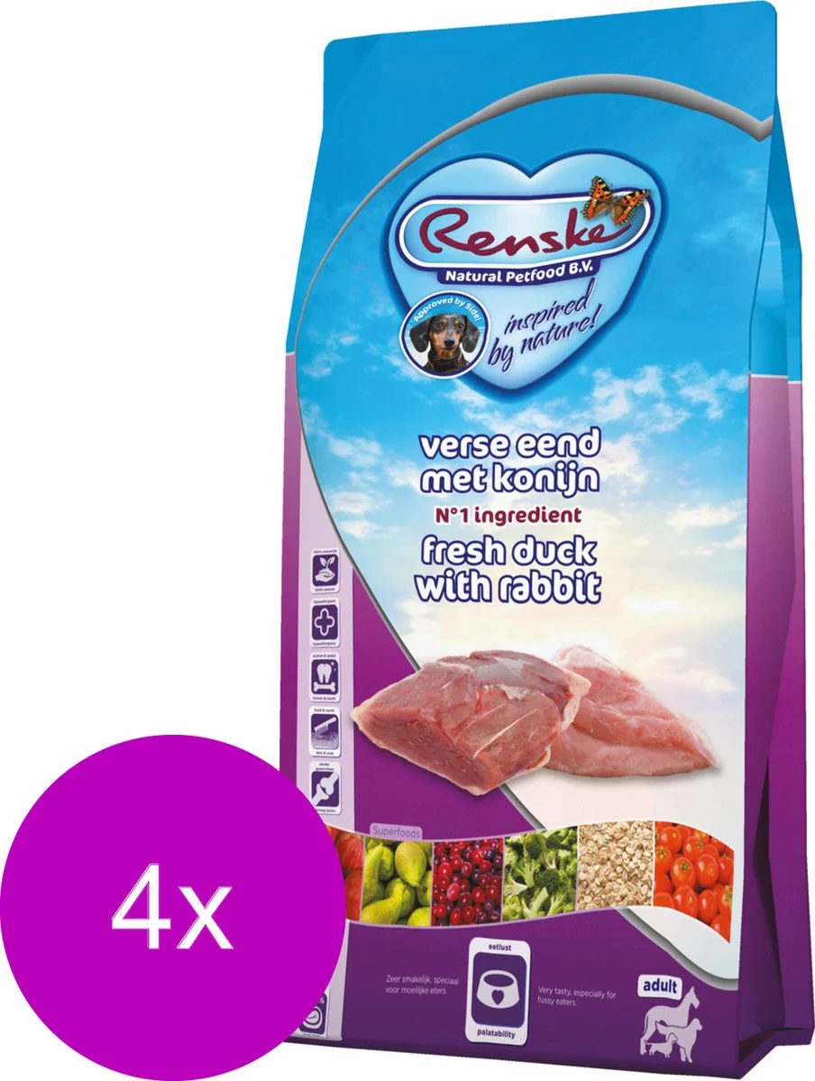 4x Renske Super Premium Adult Hondenvoer Eend - Konijn 2 kg