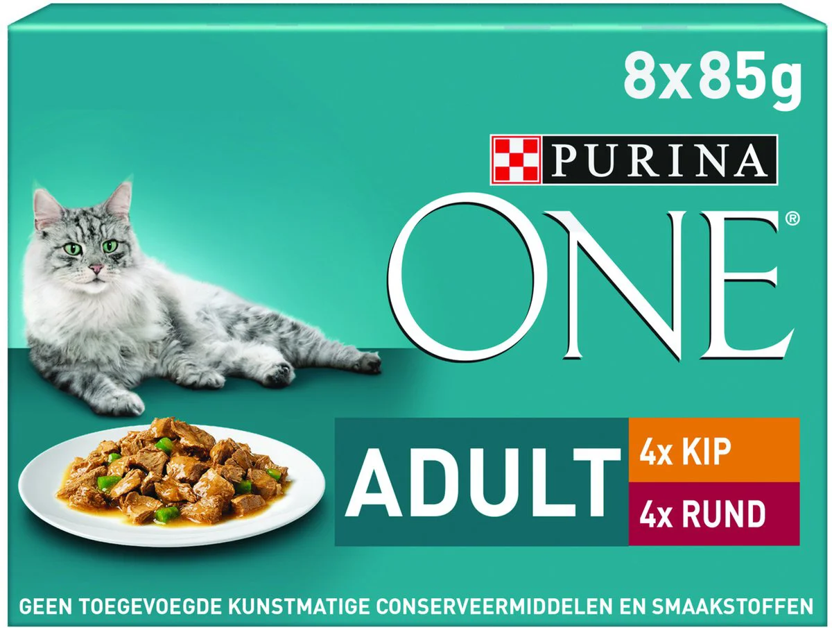 Purina ONE Kattenvoer Nat Fijne Malse Reepjes in Saus Kip - Rund 8 x 85 gr