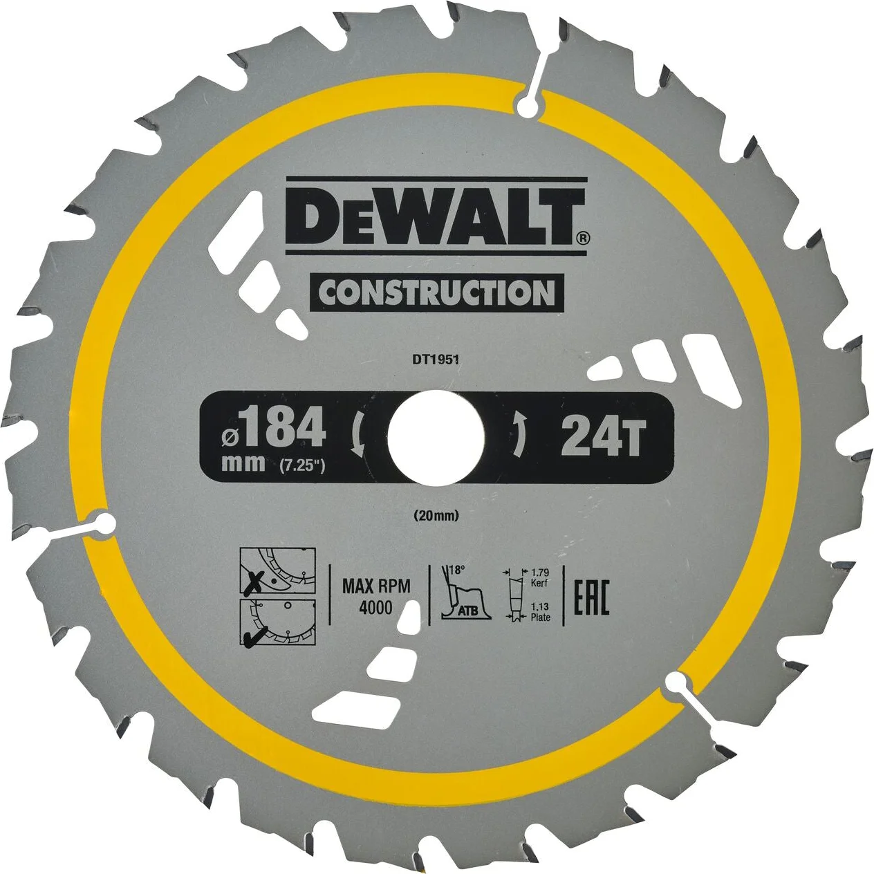 DeWALT Cirkelzaagblad voor Hout | Construction | Ø 184mm Asgat 20mm 24T - DT1951-QZ