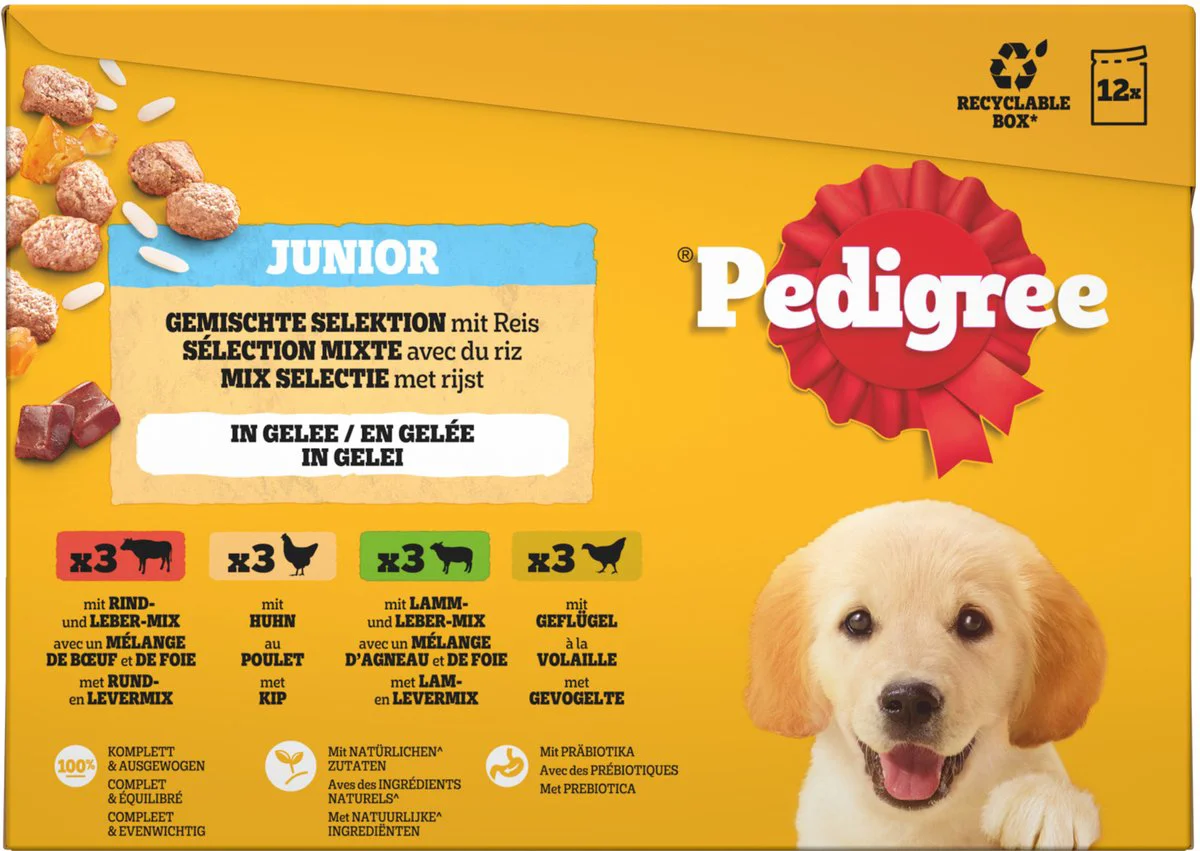 Pedigree Junior Hondenvoer in Gelei Mix Selectie Maaltijdzakjes Multipack 12x100 gr