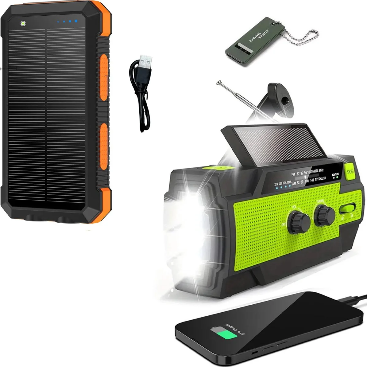 Noodradio Solar Opwindbaar en Batterij - 2026 Editie - Noodpakket - Draagbare Survival Radio - Inclusief 10.000 mAh Solar Powerbank en Noodfluit - Powerbank Zonneenergie - Bouwradio - Zaklamp - Groen