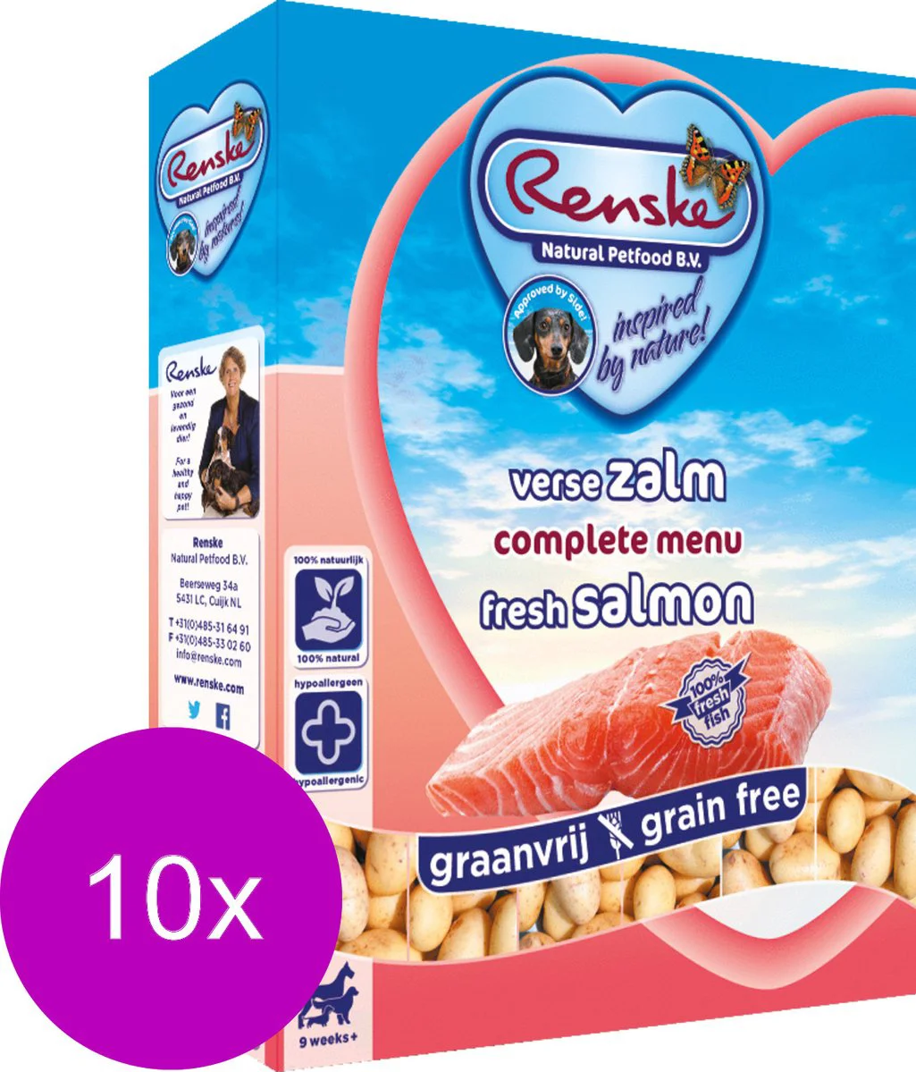 10x Renske Vers Gestoomd Complete Menu Hondenvoer Nat Zalm Graanvrij 395 gr