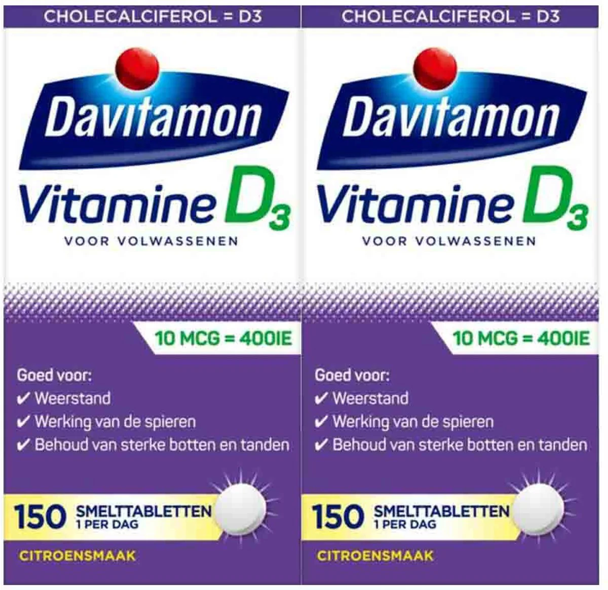 2x Davitamon Vitamine D 10 MCG Volwassenen 150 smelttabletten