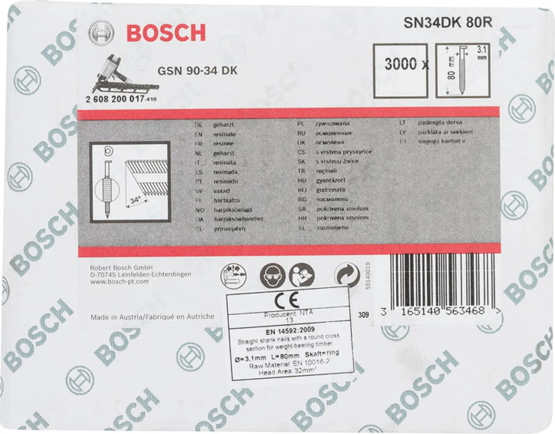 Bosch Professional PRO SN34CH D-kop nagel 80 mm | 34° | Geringd | Blank | 3,1 x 7,1 (D-vorm) | 3000 stuks - 2608200017