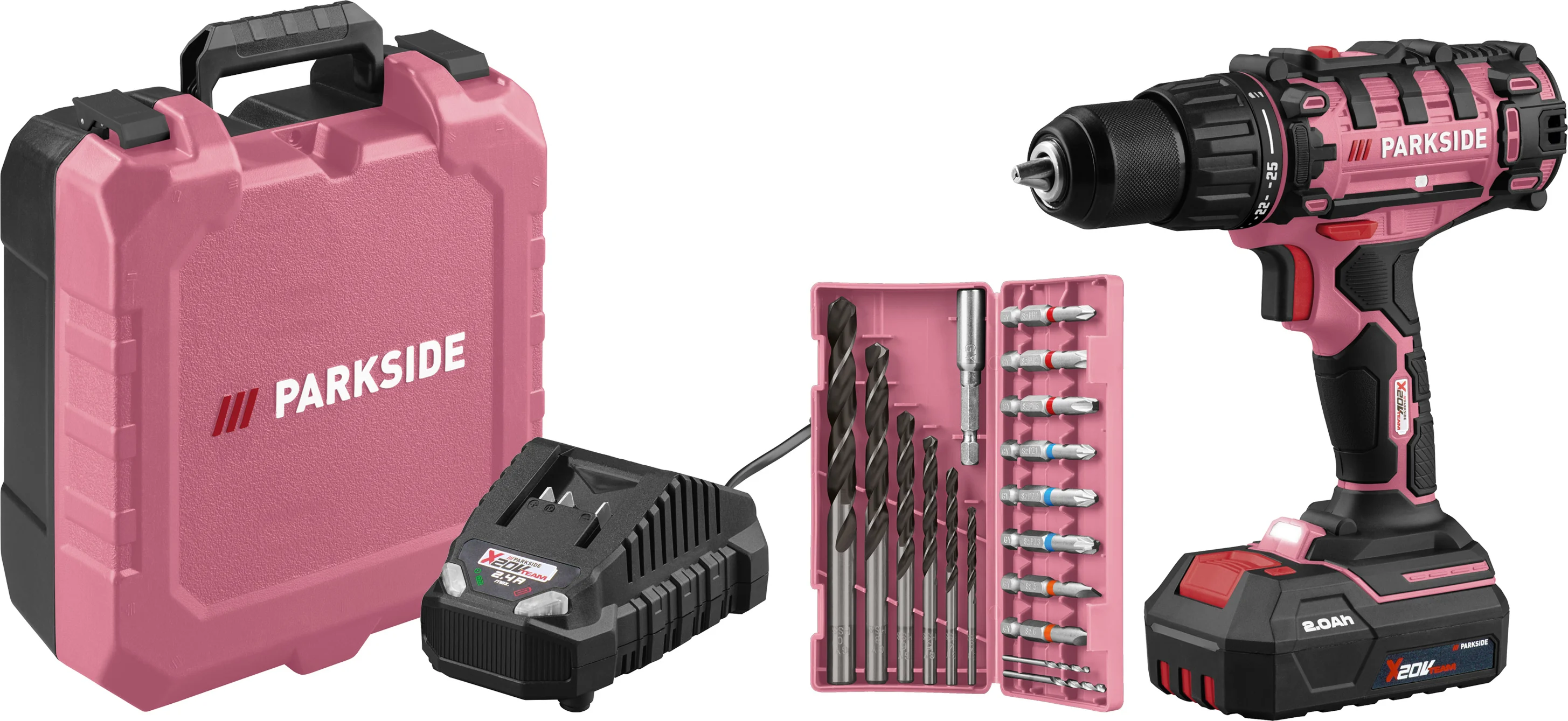 PARKSIDE Accu-schroefboormachine set 20 V met accu en lader, Limited Edition (Lichtroze)
