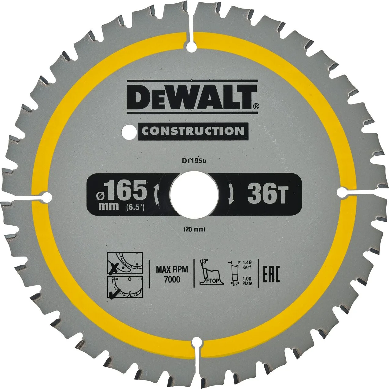 DeWALT Cirkelzaagblad voor Hout | Construction | Ø 165mm Asgat 20mm 36T - DT1950-QZ