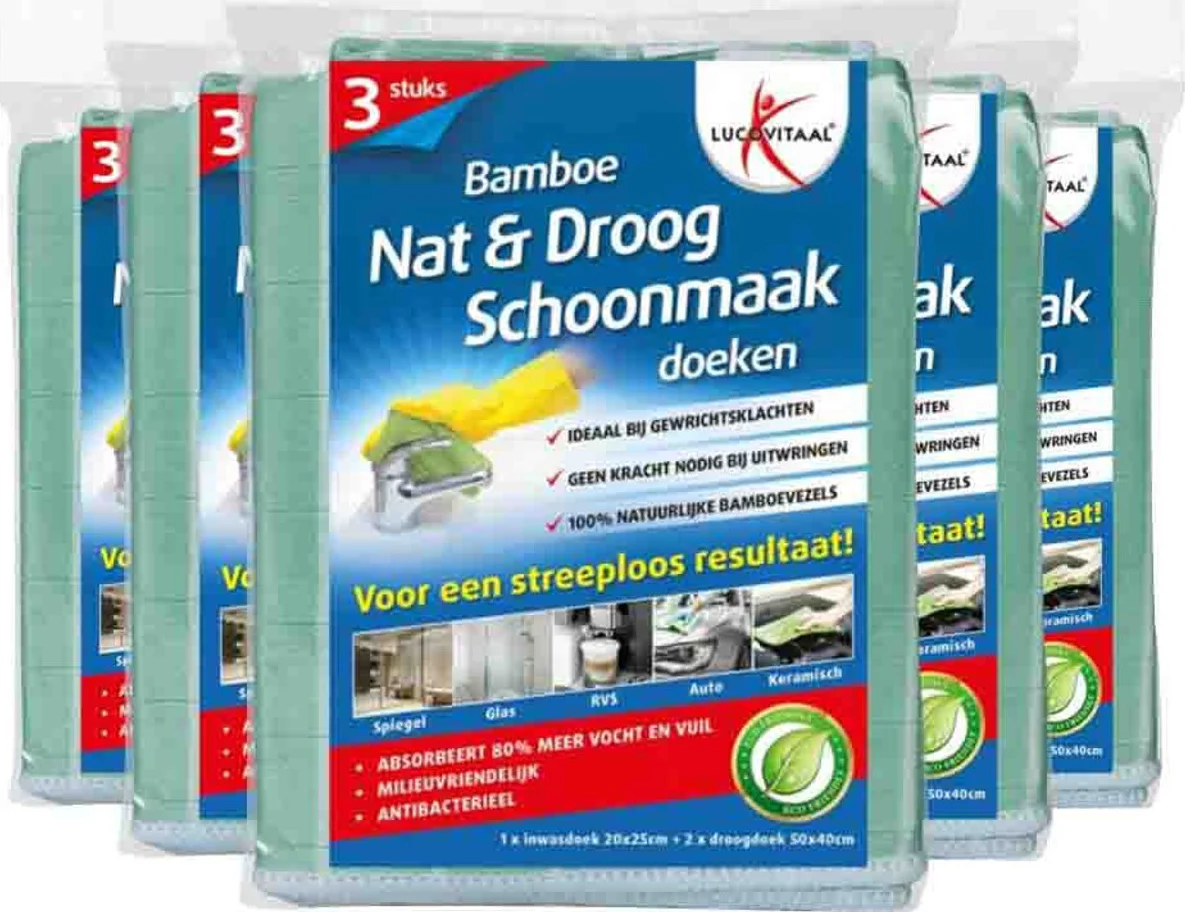 5x Lucovitaal Schoonmaakdoek Bamboe 3 stuks