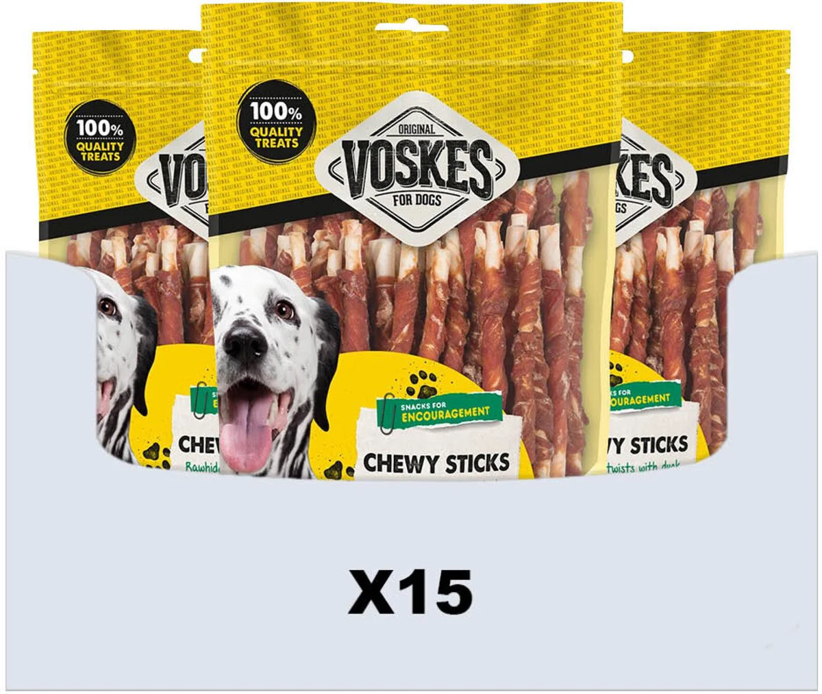 15x Voskes Hondensnack Rawhide Sticks Eend 400 gr