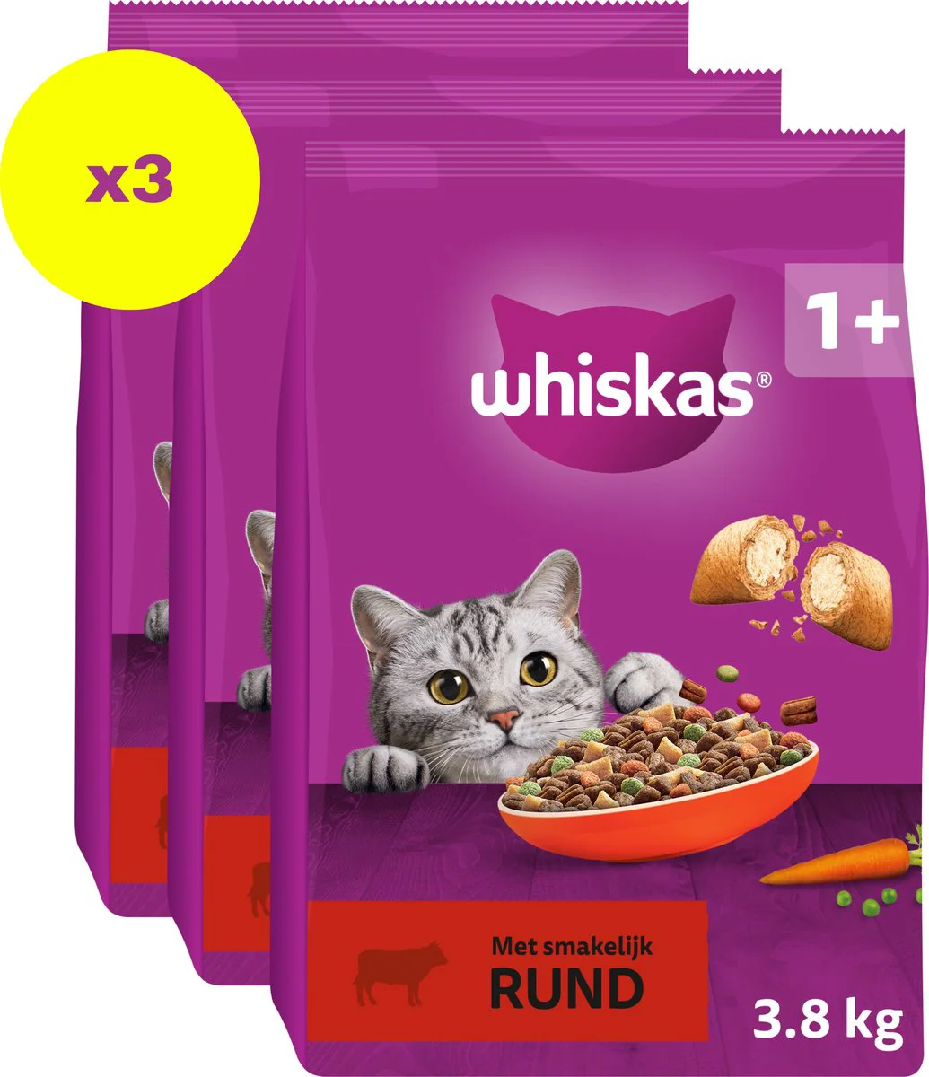 3x Whiskas 1+ Adult Katten Droogvoer Rund 3,8 kg