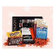 Filmpakket - mooie filmbox met persoonlijk bericht, Jimmy's popcorn, M&Ms en filmtegoed voor 3-5 topfilms - Relatiegeschenk - Thuis bioscoop filmbox - Kerstpakket