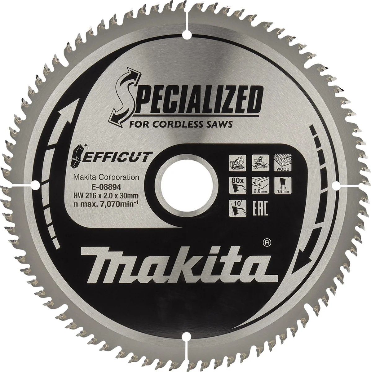 Makita E-08894 Afkortzaagblad Hout | Efficut | 216 x 30 mm | 80-tands