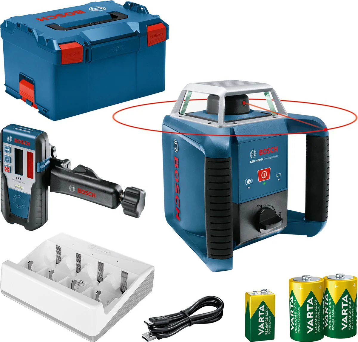 Bosch Professional PRO GRL 400 H + LR 1 + VARTA Rotatielaser rood in L-Boxx - 0601061806
