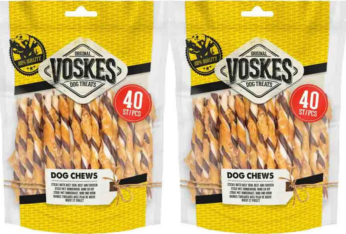 2x Voskes Hondensnack Rawhide Sticks Kip - Rund 400 gr