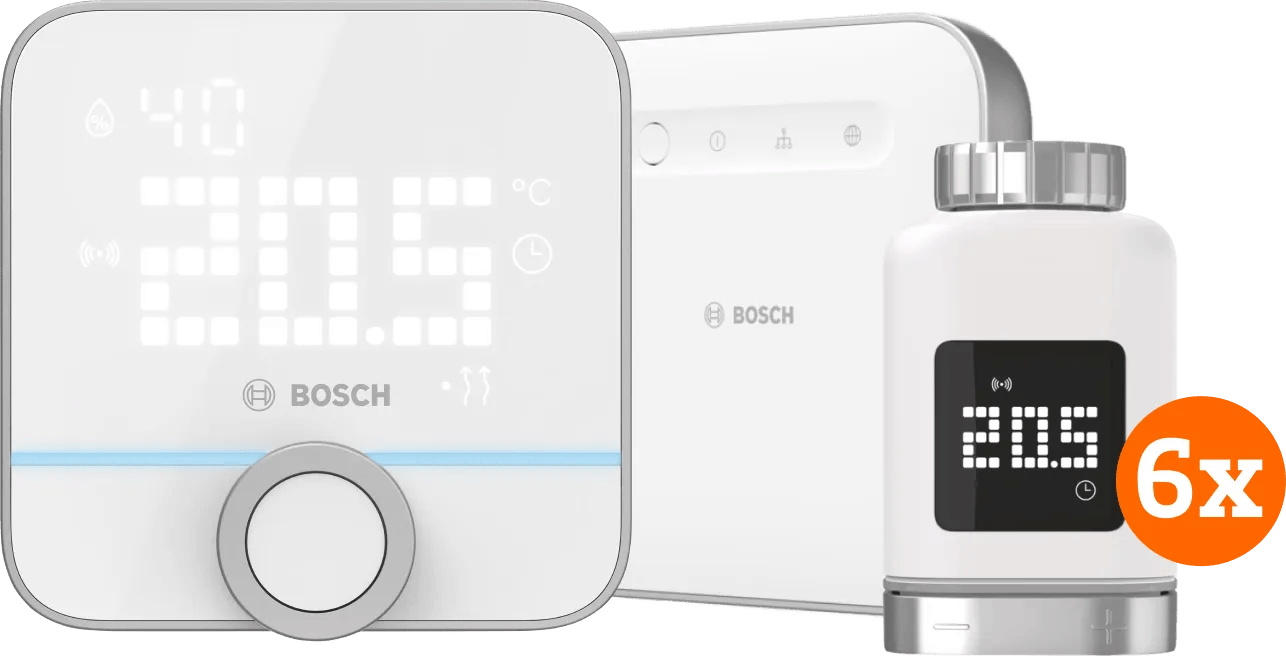 Bosch Slimme Radiatorknoppen 6-Pack + Smart Home Controller + Slimme Kamerthermostaat 230V