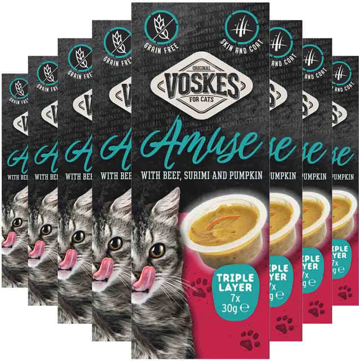8x Voskes Kattensnack Triple Layer Rund-Sumiri-Pompoen 7x30 gr