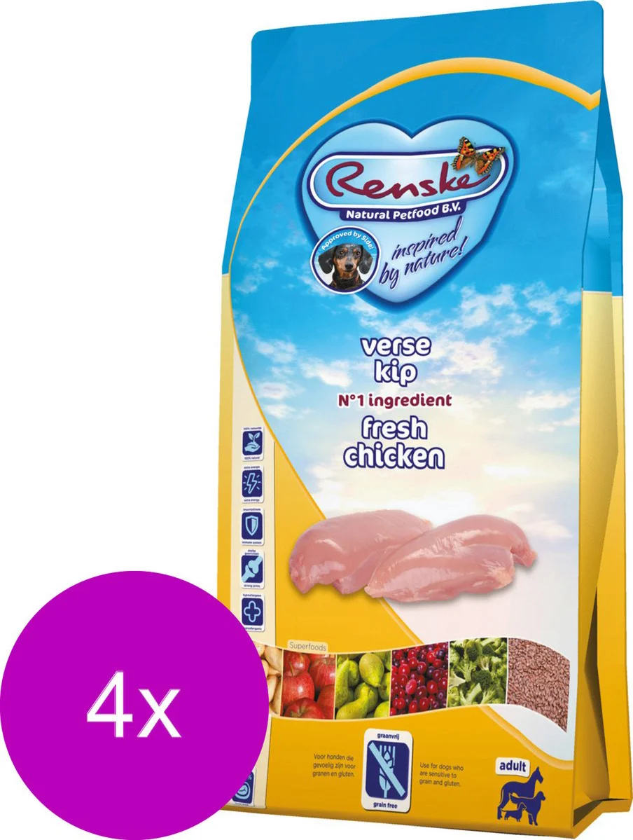 4x Renske Super Premium Graanvrij Adult Hondenvoer Kip 2 kg