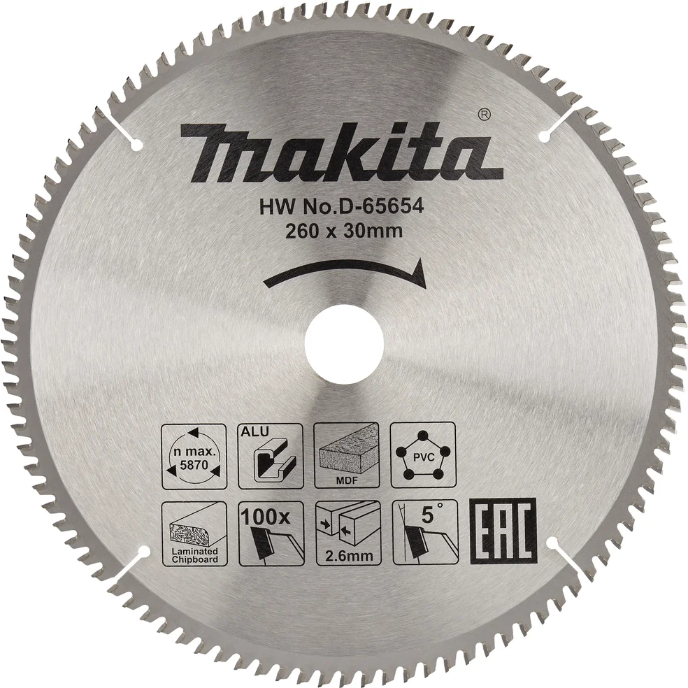 Makita Afkortzaagblad voor Multimaterial | Standaard | Ø 260mm Asgat 30mm 100T - D-65654