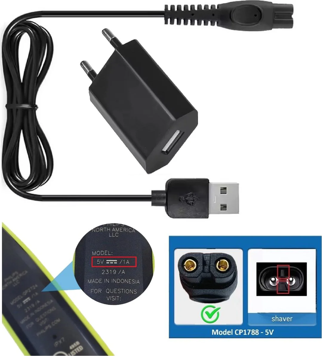 Oplader geschikt voor Philips OneBlade, Trimmers, Multigroom en Scheerapparaten – Vervangt CP1788 – Inclusief Adapter - 5V 1A -1 meter – Wereldwijde spanning (100-240V)