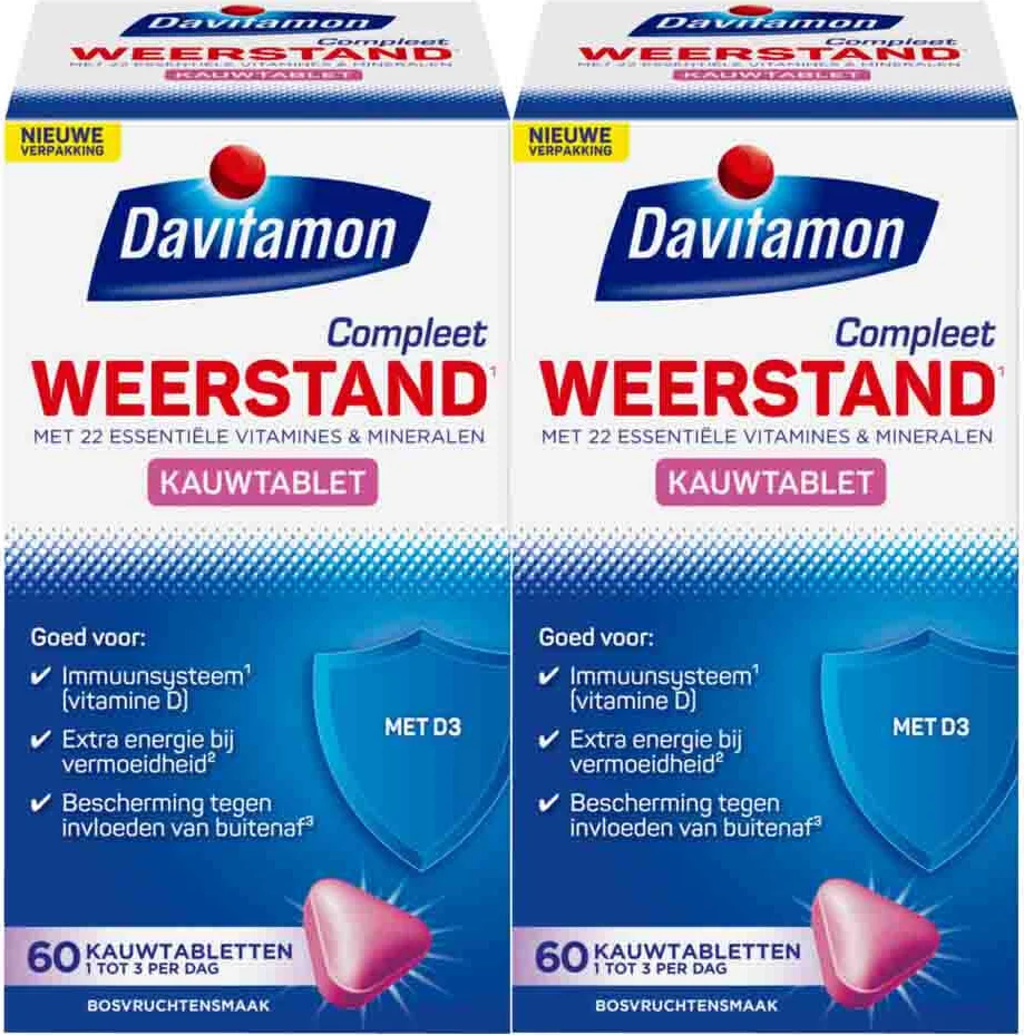 2x Davitamon Compleet Weerstand Hoog Gedoseerd Bosvruchten 50 kauwtabletten