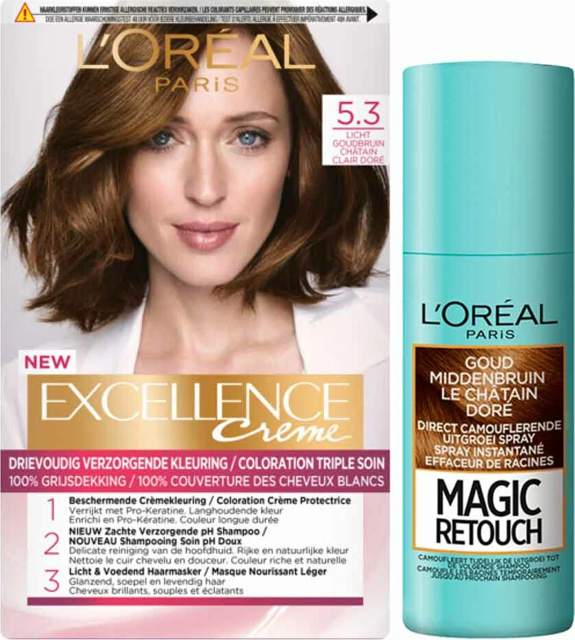 L'Oréal Excellence Creme Haarverf 5.3 Licht Goudbruin + Magic Retouch Uitgroeispray Goud Middenbruin 75 ml Pakket
