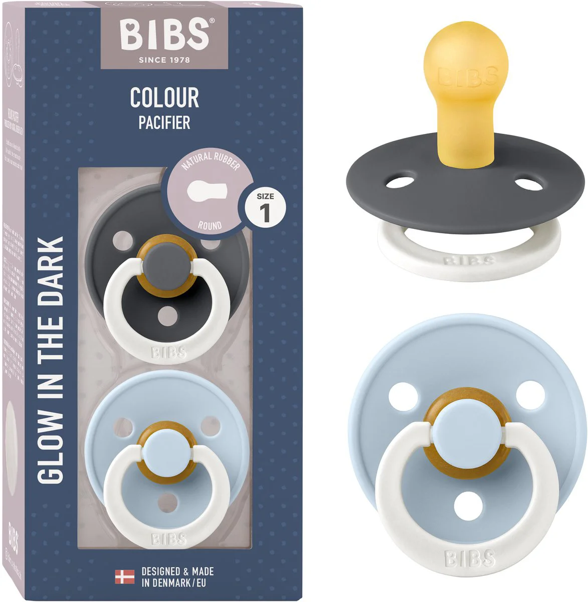 Bibs Fopspeen 0-6 Maanden Iron/Baby Blue - Glow In The Dark 2ST