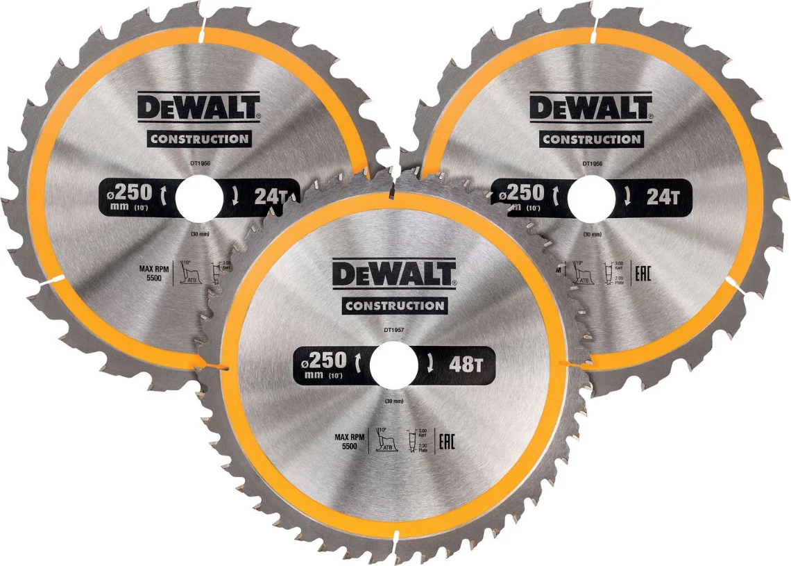 DeWALT DT1963 Cirkelzaagbladen Set 250mm (2X 24T 1X 48T)
