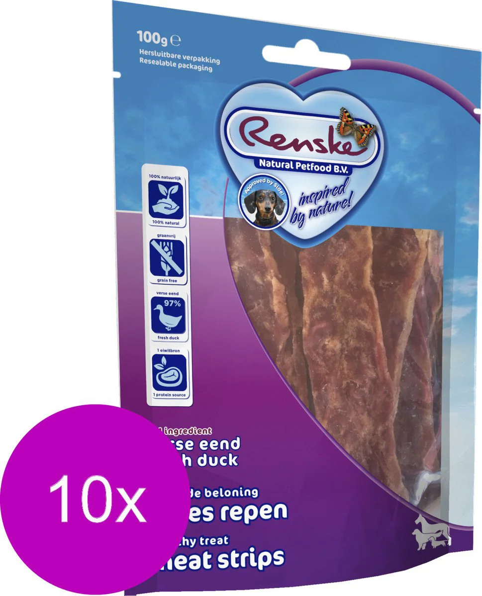 10x Renske Gezonde Beloning Vleesrepen Hondensnack Eend 100 gr